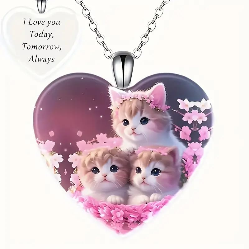 3 Cute Cuddily Kittens with Flowers Heart Pendant Necklace, Stainless Steel Necklace, 'I Love you Today, Tomorrow, Always' Engraved - Christmas, Holiday, or Birthday Gift