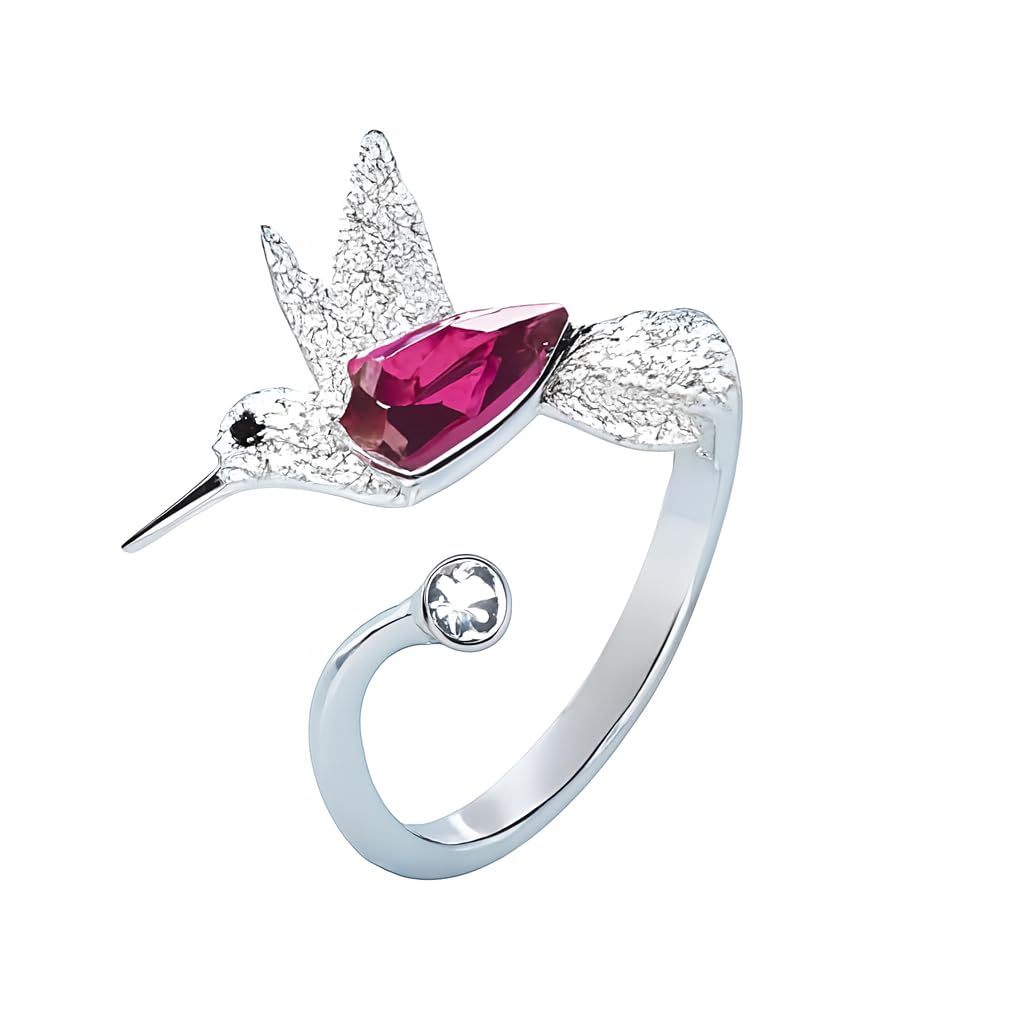 Stainless Steel Hummingbird Ring with Enamel Flowers, Adjustable, Turquoise and Purple