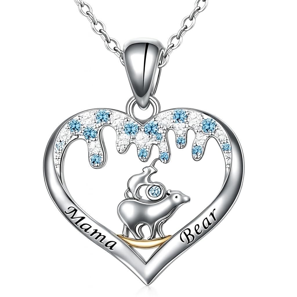 SUPAC Love from the North Pole Mama Bear, Icey Polar Bear Heart Pendant Necklace, Gift for Birthday, Christmas or Anniversaries