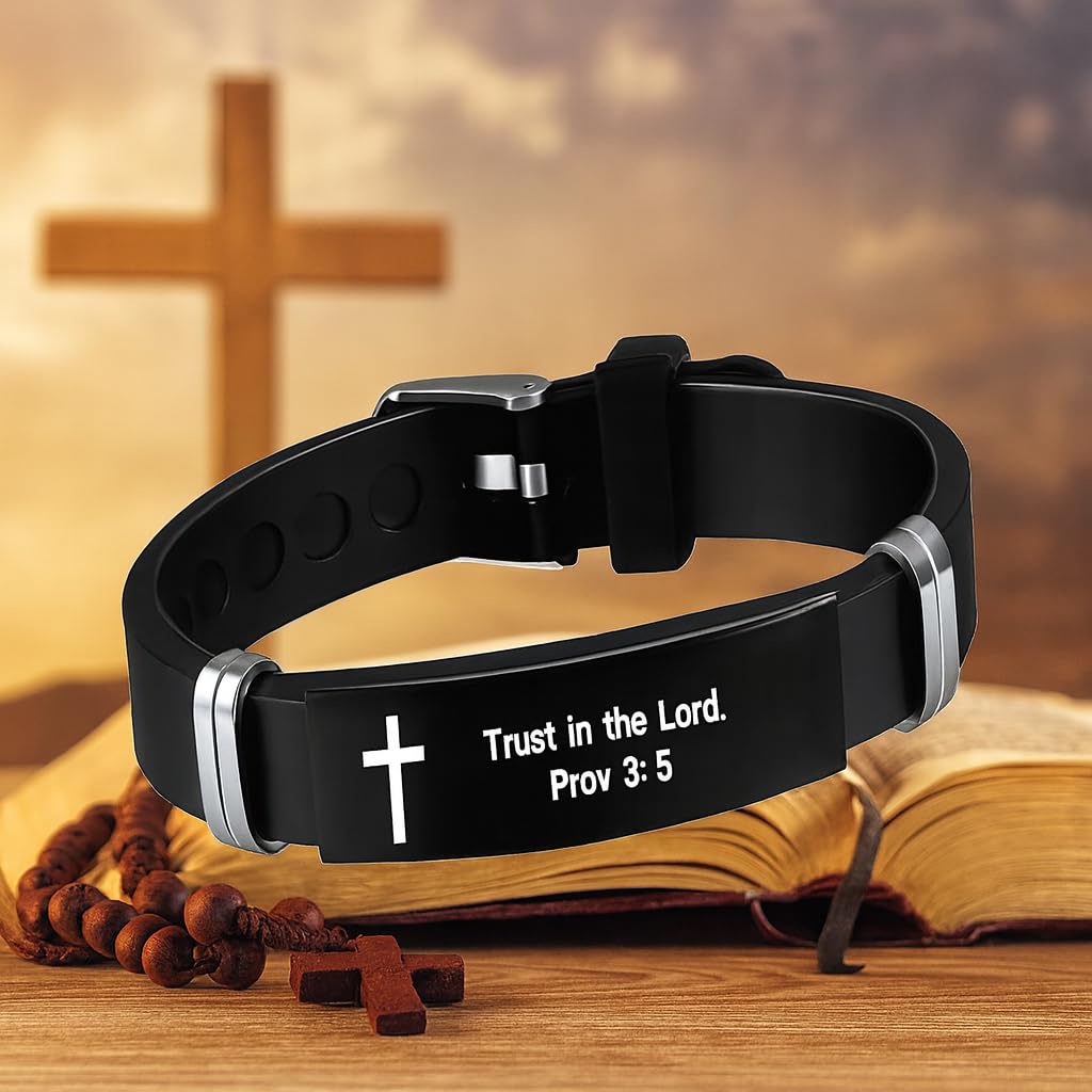 Christian Cross Bracelet with Proverbs 3:5, Phillipians 4:13, Matthew 19:26, Isaiah 41:10, Luke 1:37, Matthew 28:20 Scripture, Black Silicone Adjustable Watch Band, 9.05 inch Length