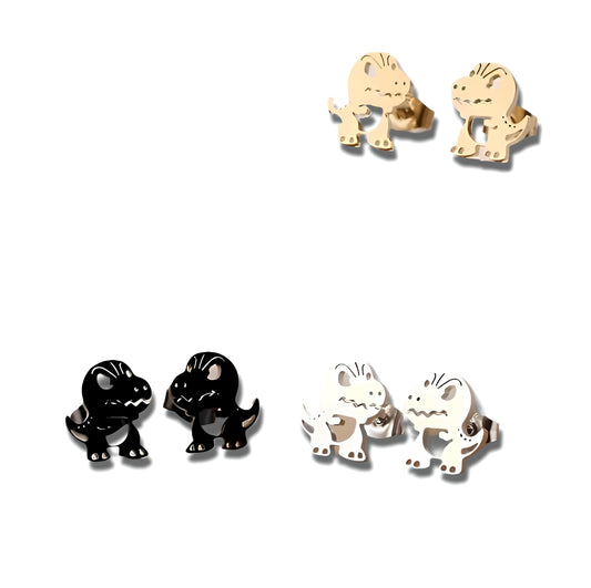 Cute Dinosaur T-Rex Stud Earrings, 3 Colors Set, Gold Silver Black