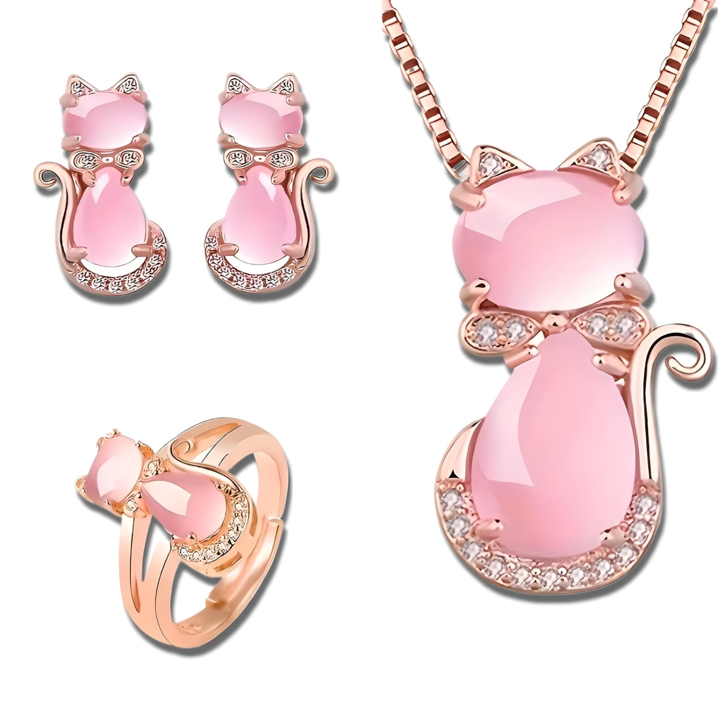 SUPAC Pink Cat Jewelry Set, Rose Gold Plated Crystal Necklace Earrings Ring, Gift for Cat Enthusiasts