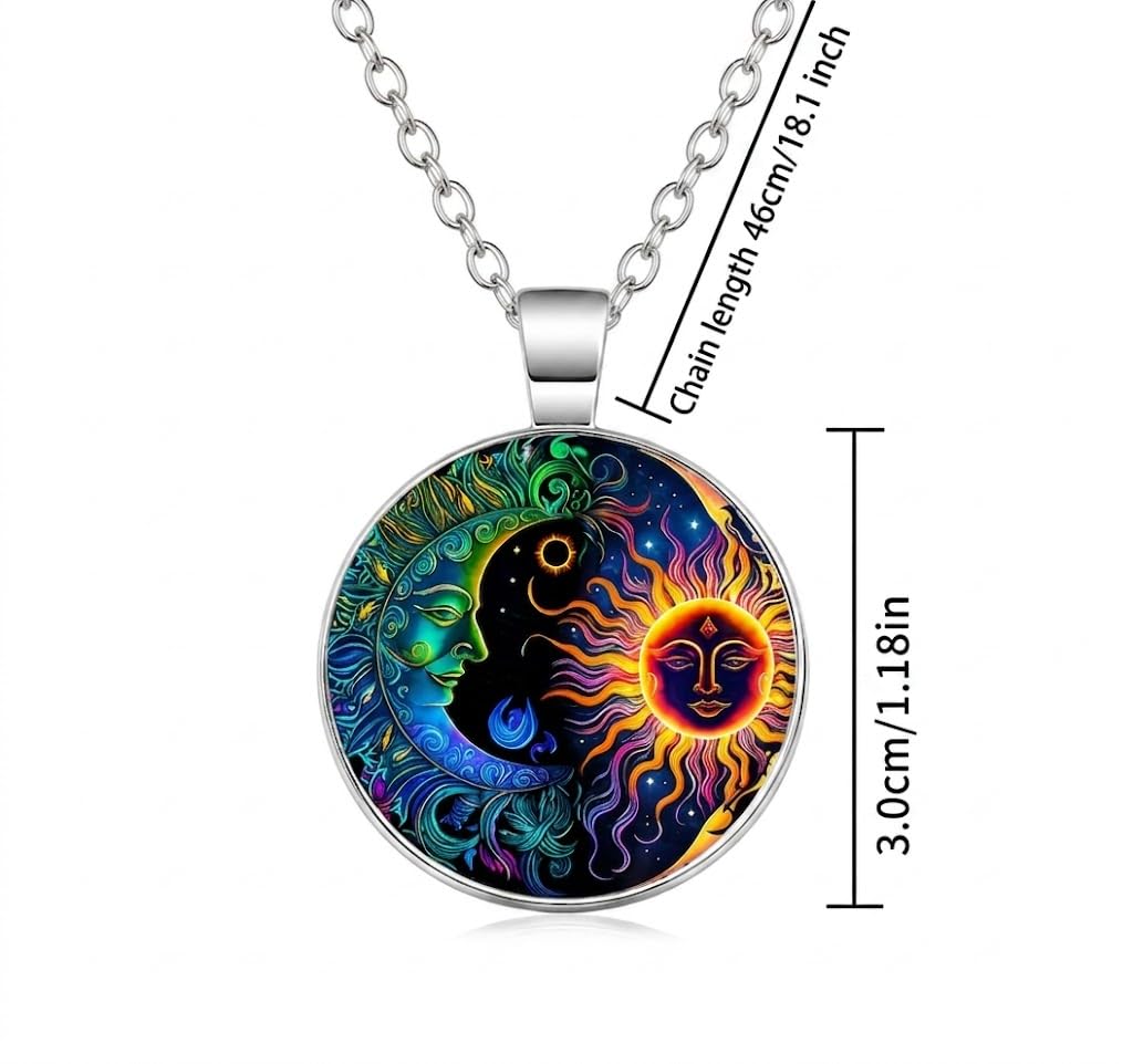 1pc Stunning Round Pendant Necklace - Unique Sun & Moon Pattern, Oil Painting Style Glass Mosaic, Alloy Construction, Trendy Sweater Chain, Fashionable Gift for Women - Christmas or Birthday Gift