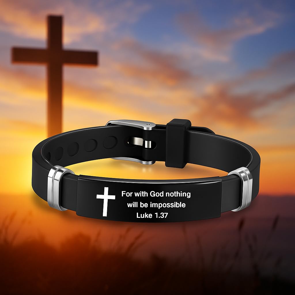 Christian Cross Bracelet with Proverbs 3:5, Phillipians 4:13, Matthew 19:26, Isaiah 41:10, Luke 1:37, Matthew 28:20 Scripture, Black Silicone Adjustable Watch Band, 9.05 inch Length