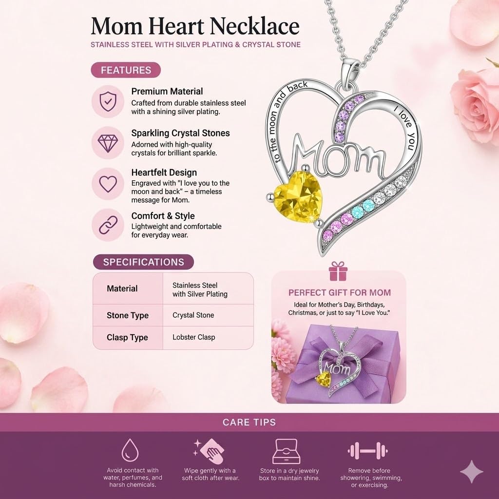 SUPAC Heart Mom Necklace, Sterling Silver Crystal Pendant with Pink Heart Stone, I Love You to the Moon and Back - Mother's Day Gift