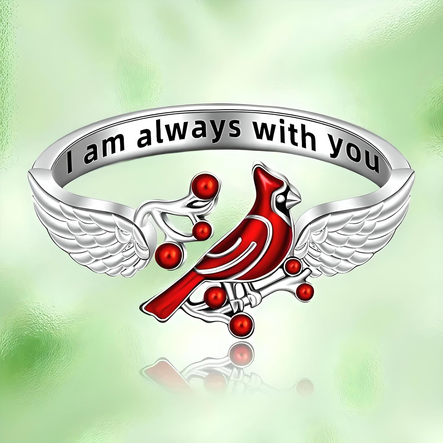 SUPAC Red Cardinal Wing Ring, and Necklaces, Silver-Plated 'I Am Always with You' Inspirational Message, Adjustable - Christmas, Party, or Birthday Gift
