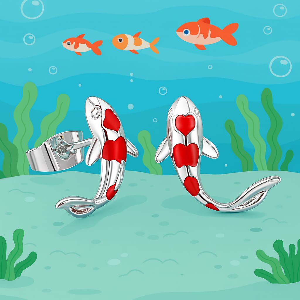 Stainless Steel Koi Fish Ring and Earrings Set with Red Enamel, Japanese Style - Koi Fish Jewelry Gift