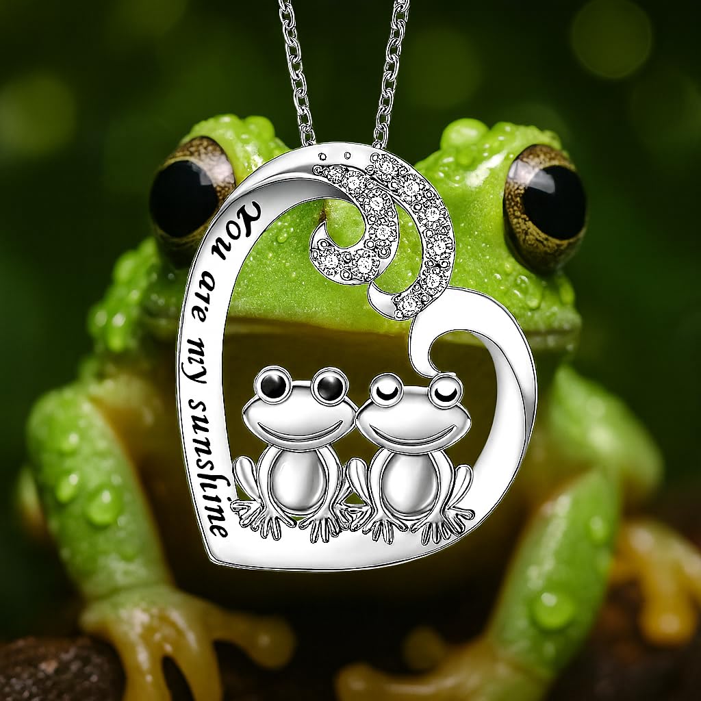 Cute Frog Couple Heart Pendant Necklace, Stainless Steel Chain 19.7 inch, Crystal Accent - Engraved 'You are my sunshine'