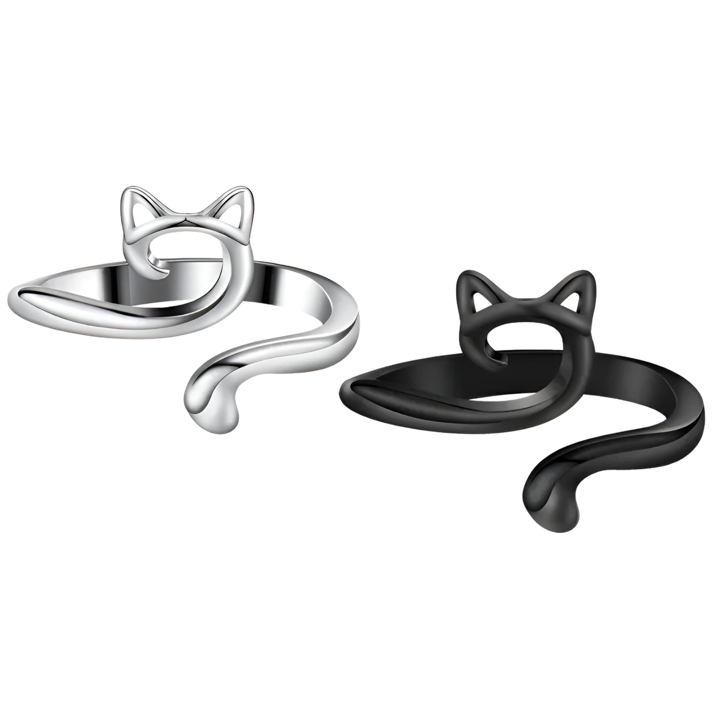 Adjustable Cat Ring, Black or Silver Options - 0.79 inch Width, Lovely Cats Animals Open Ring Jewelry for Women, Gift for Cat Lovers