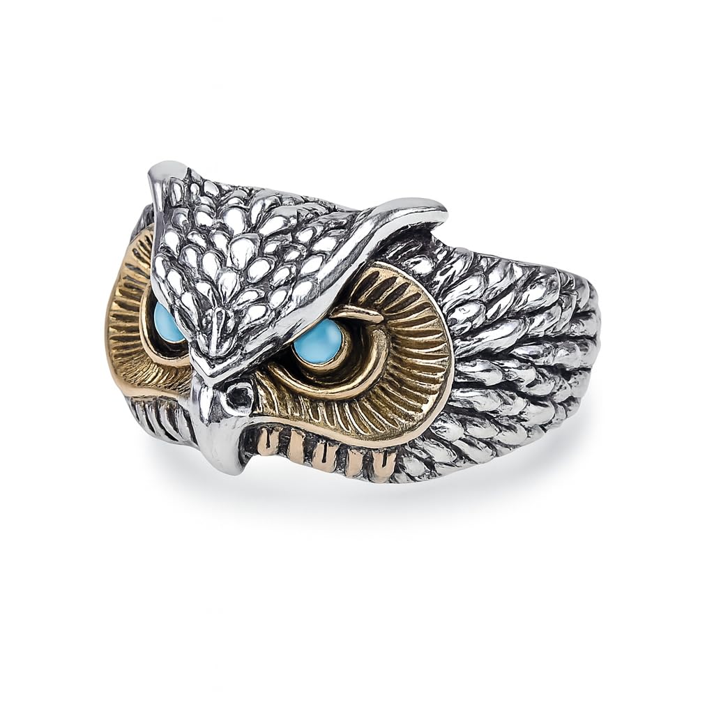 SUPAC Vintage Owl Ring with Turquoise Eyes, Two-Tone Silver and Gold Finish, Detailed Feather Design, Adjustable Size