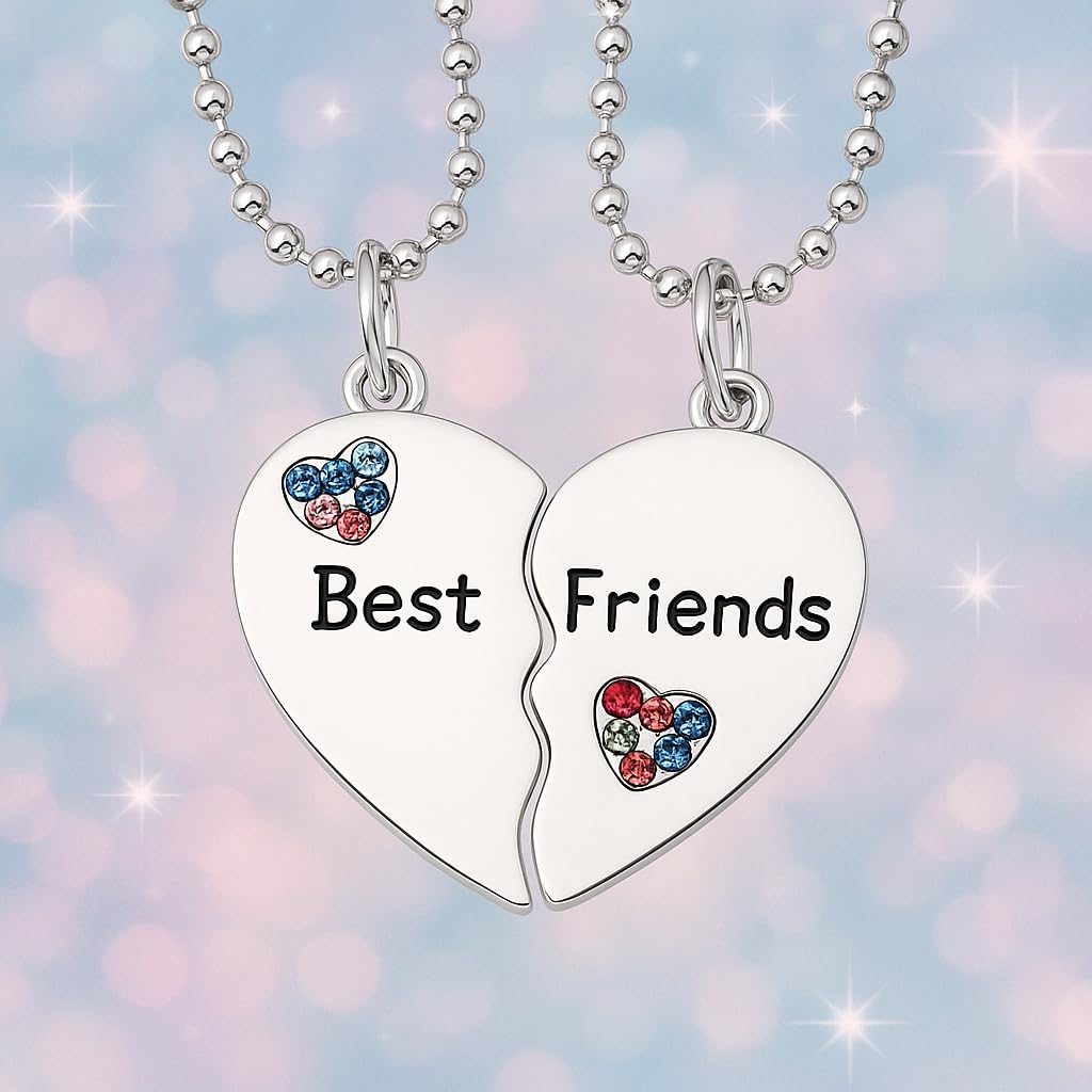 Best Friends Split Heart Pendant Necklace, 2 PC/set, with Rhinestones, 19.7 inch Silver Ball Chain