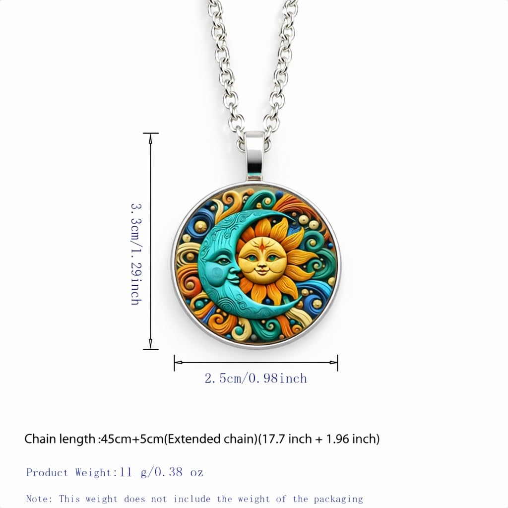 1pc Stunning Round Pendant Necklace - Unique Sun & Moon Pattern, Oil Painting Style Glass Mosaic, Alloy Construction, Trendy Sweater Chain, Fashionable Gift for Women - Christmas or Birthday Gift