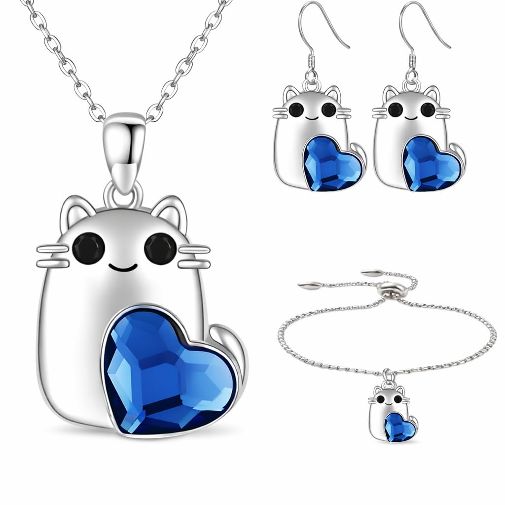 SUPAC Cute Cat Blue Crystal Heart Jewelry Set, Stainless Steel Necklace, Earrings and Bracelet, Hypoallergenic