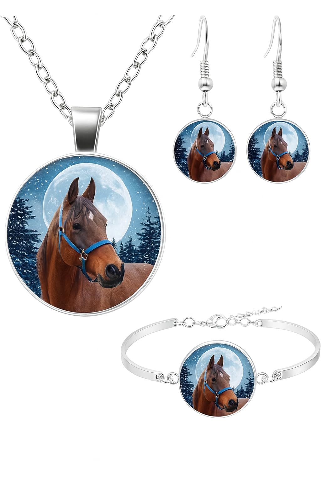 SUPAC Horse Jewelry Set with Necklace, Bracelet and Earrings, Winter Moon Design, 4 Pieces, Silver