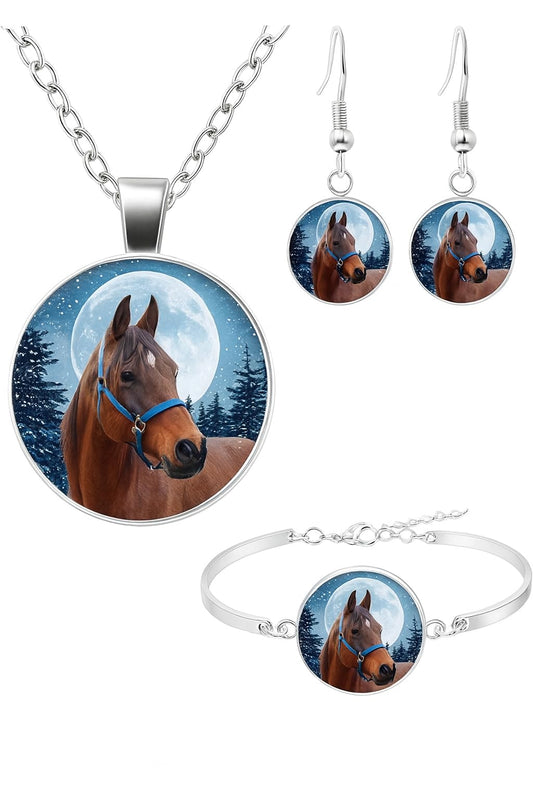 SUPAC Horse Jewelry Set with Necklace, Bracelet and Earrings, Winter Moon Design, 4 Pieces, Silver