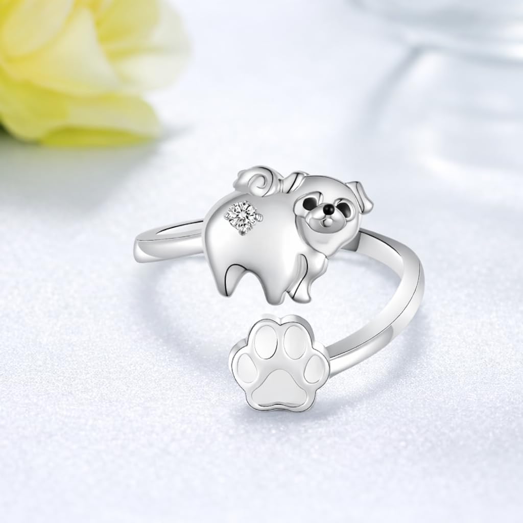 SUPAC German Shepherd, Yorkie, Pug Dog Paw Adjustable Ring, Sterling Silver, Paw Print Design with Crystal Accents - Christmas, Birthday, or Party Ring