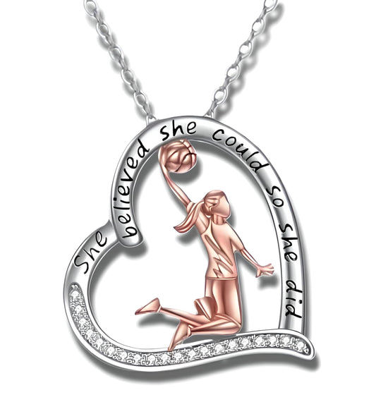 Sports Heart Necklace, 9 Different Sport Options: Basketball, Jumping Cheerleader, Gymnast, Softball, Volleyball, Ballet Ballerina, Runner, Sports Accessories Birthday Gift- Simulated Rainbow Diamonds, Christmas, Birthday or Party Gift