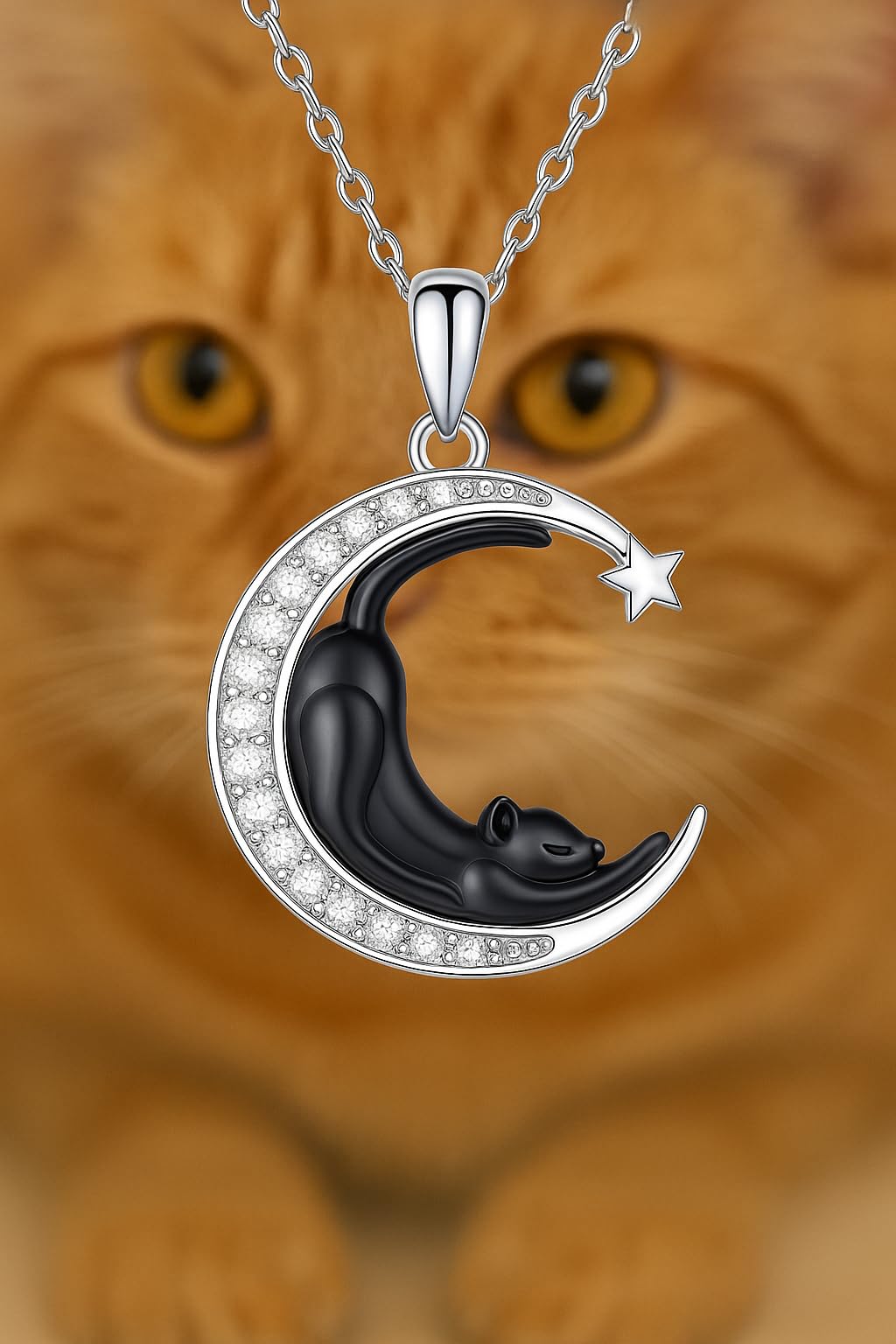 Stainless Steel Cat Moon Heart Star Flower Necklace with Crystal Pendant, 8 Designs - Cute Heart Necklace, With Black Cats, Charming in Rose Gold - Stylish Gift for Women & Party Accessory (Black Cat Stretching on the Moon)