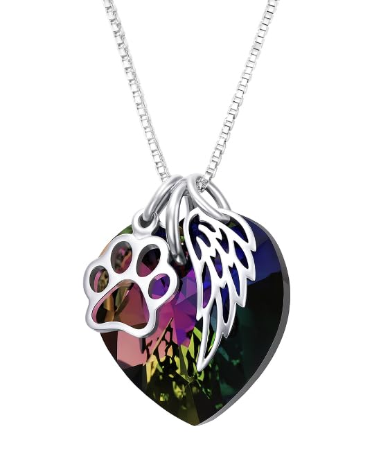 SUPAC Rainbow Crystal Heart Necklace with Paw Print and Angel Wing Charms, Silver Chain
