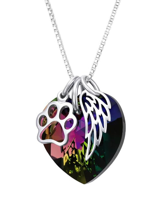 SUPAC Rainbow Crystal Heart Necklace with Paw Print and Angel Wing Charms, Silver Chain