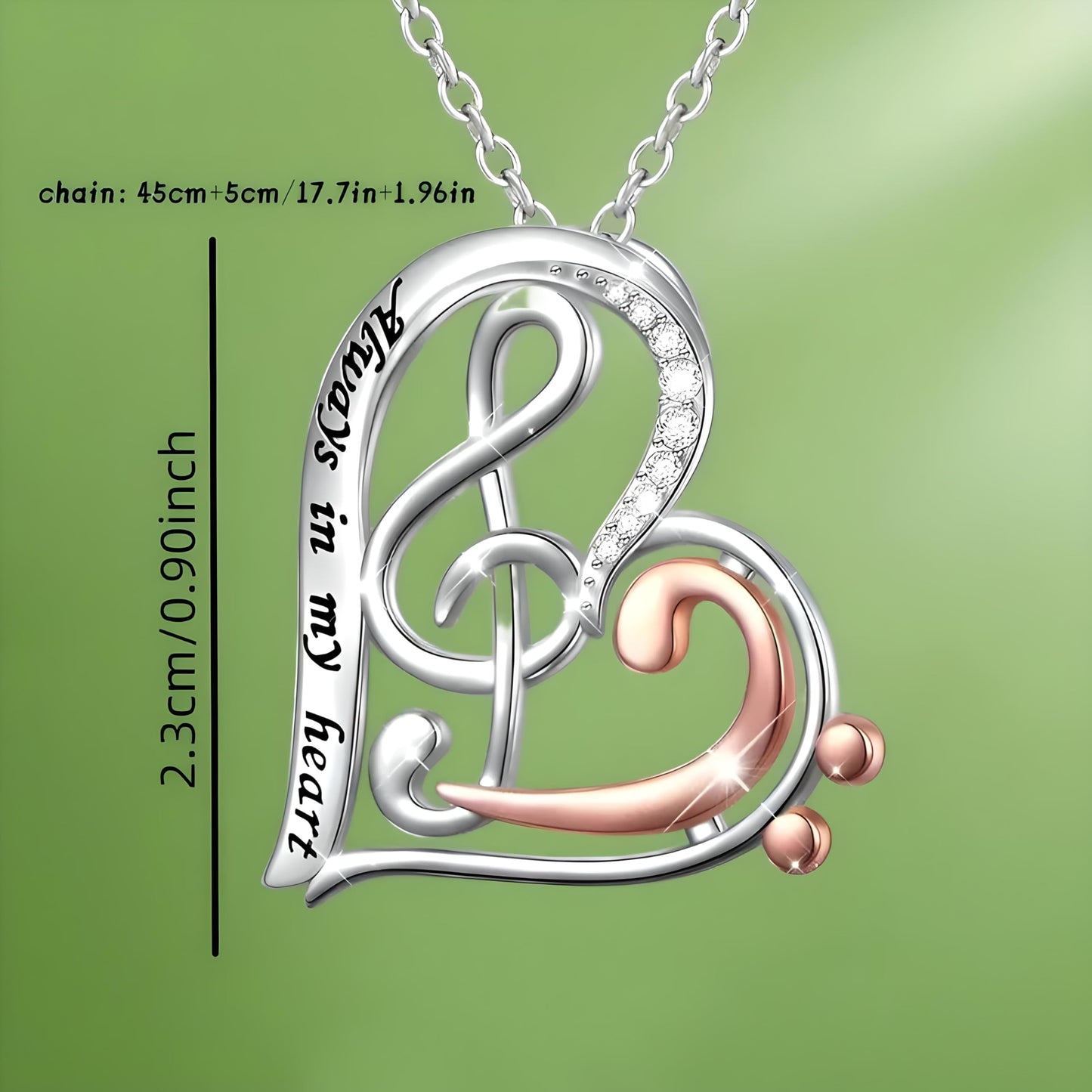 Musical Note Heart Necklace, Sterling Silver and Rose Gold Two-Tone Treble Clef Design with Crystals - 'Always in my heart' Engraved