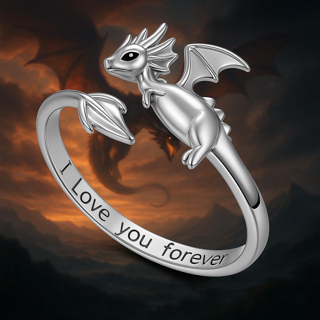 SUPAC Whimsical Silver Flying Dragon Ring - Unique Animal Shape Design, Adjustable Index Finger Ring for Men or Women, Cute Personality Statement Jewelry, Niche Fashion Accessory