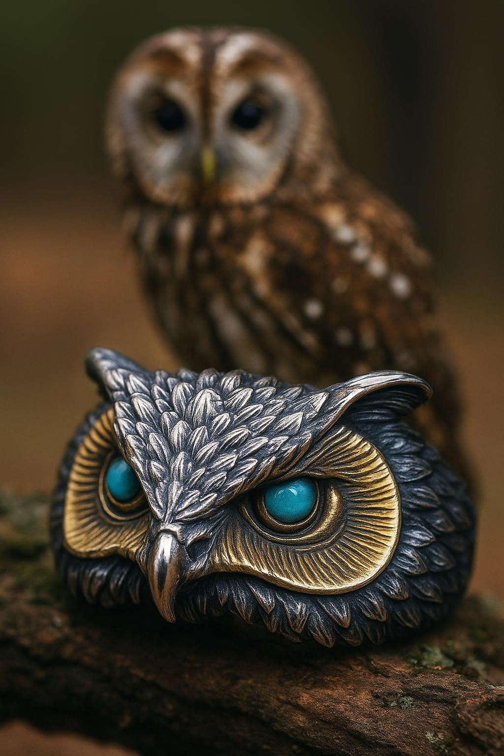 SUPAC Vintage Owl Ring with Turquoise Eyes, Two-Tone Silver and Gold Finish, Detailed Feather Design, Adjustable Size
