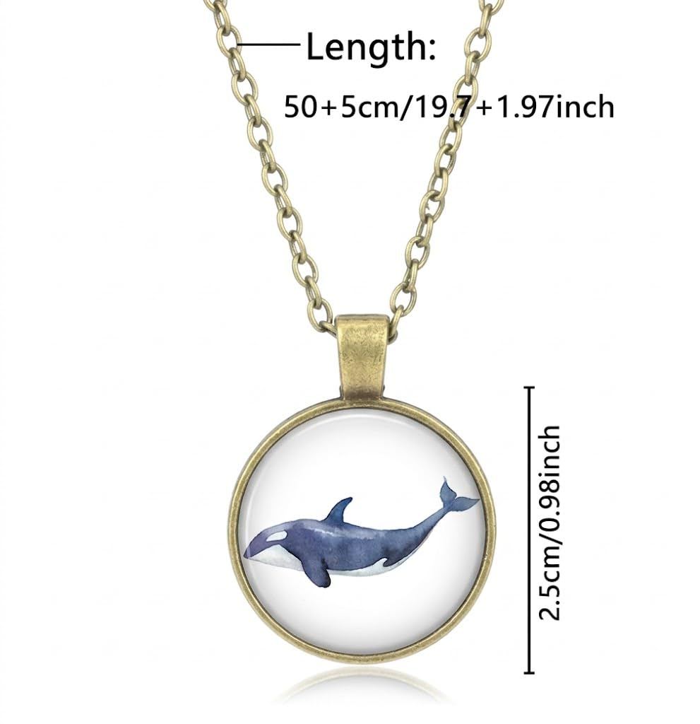 SUPAC Orca Whale Pendant Necklace, Bronze Plated Stainless Steel, Round Glass Cabochon, Hypoallergenic, Shamu Gift - Water Resistant, 19.7 Inch Chain