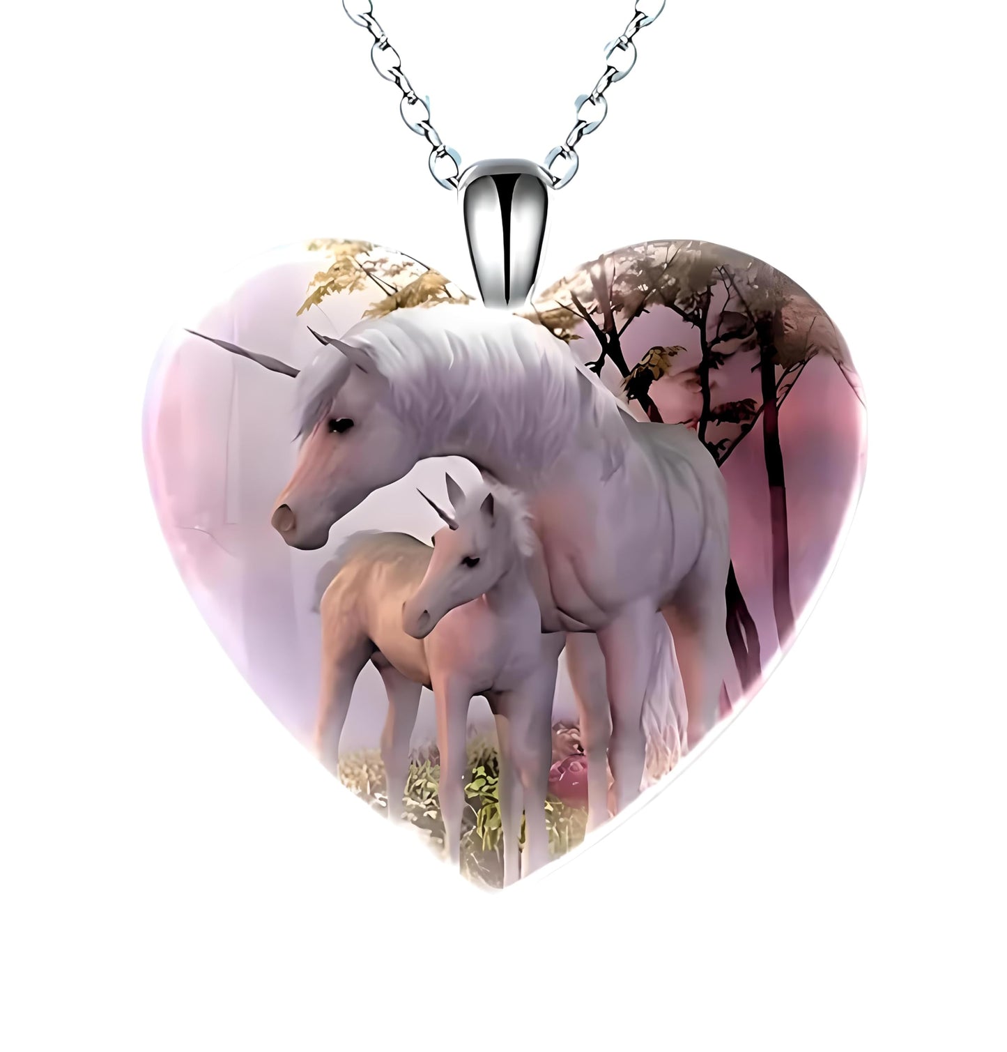 Heart-Shaped Pendant Necklace with Different Animals - Panda, Horse, Deer, Cat, Elephant, Dog Scenic Views, Stainless Steel Necklace with Glass Pendant - Christmas, Holiday, or Birthday Gift