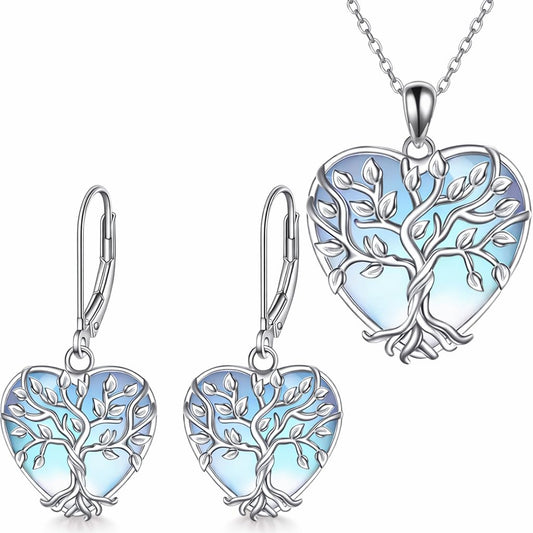SUPAC Tree of Life Jewelry Set, Blue Crystal Heart Design, Silver-Tone Necklace Bracelet Earrings Keychain, 4-Piece Set