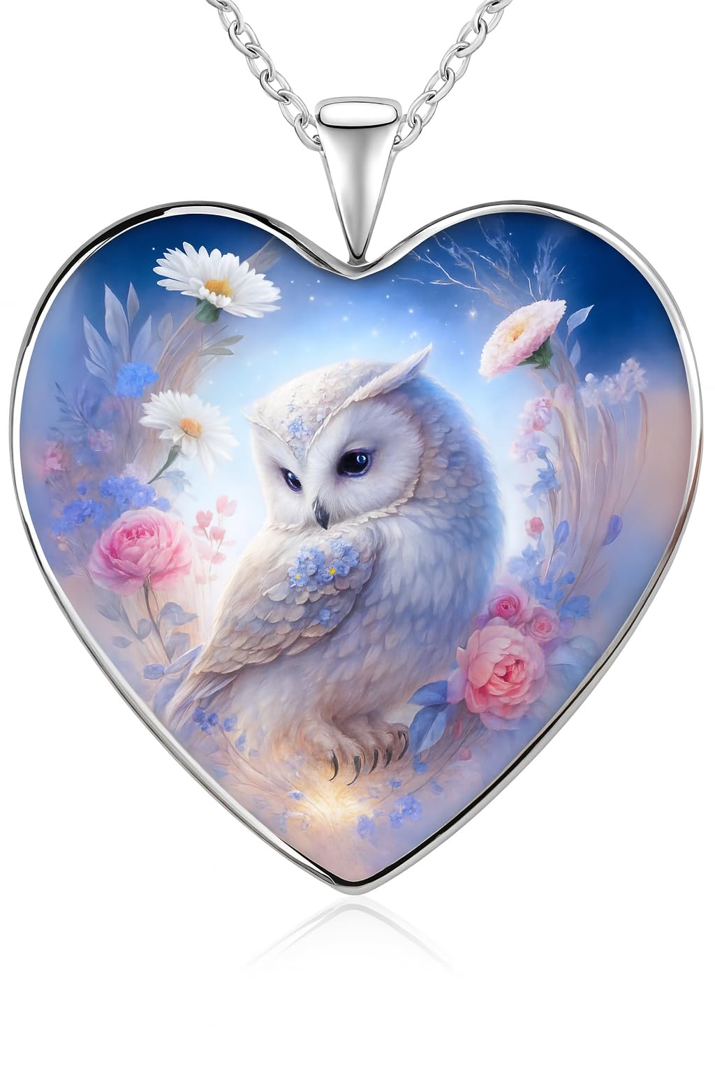 SUPAC Cute Owl Heart Necklace, Glass Pendant with Floral Design and Stainless Steel Bracelet - Holiday, Christmas, or Birthday Gift