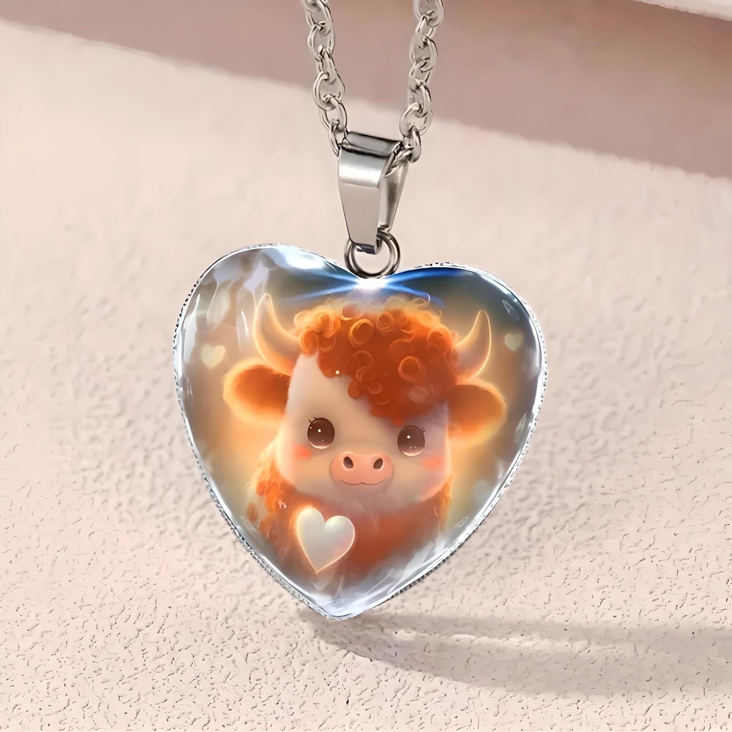 Heart-Shaped Pendant Necklace with Different Animals - Panda, Horse, Deer, Cat, Elephant, Dog Scenic Views, Stainless Steel Necklace with Glass Pendant - Christmas, Holiday, or Birthday Gift (Calf)