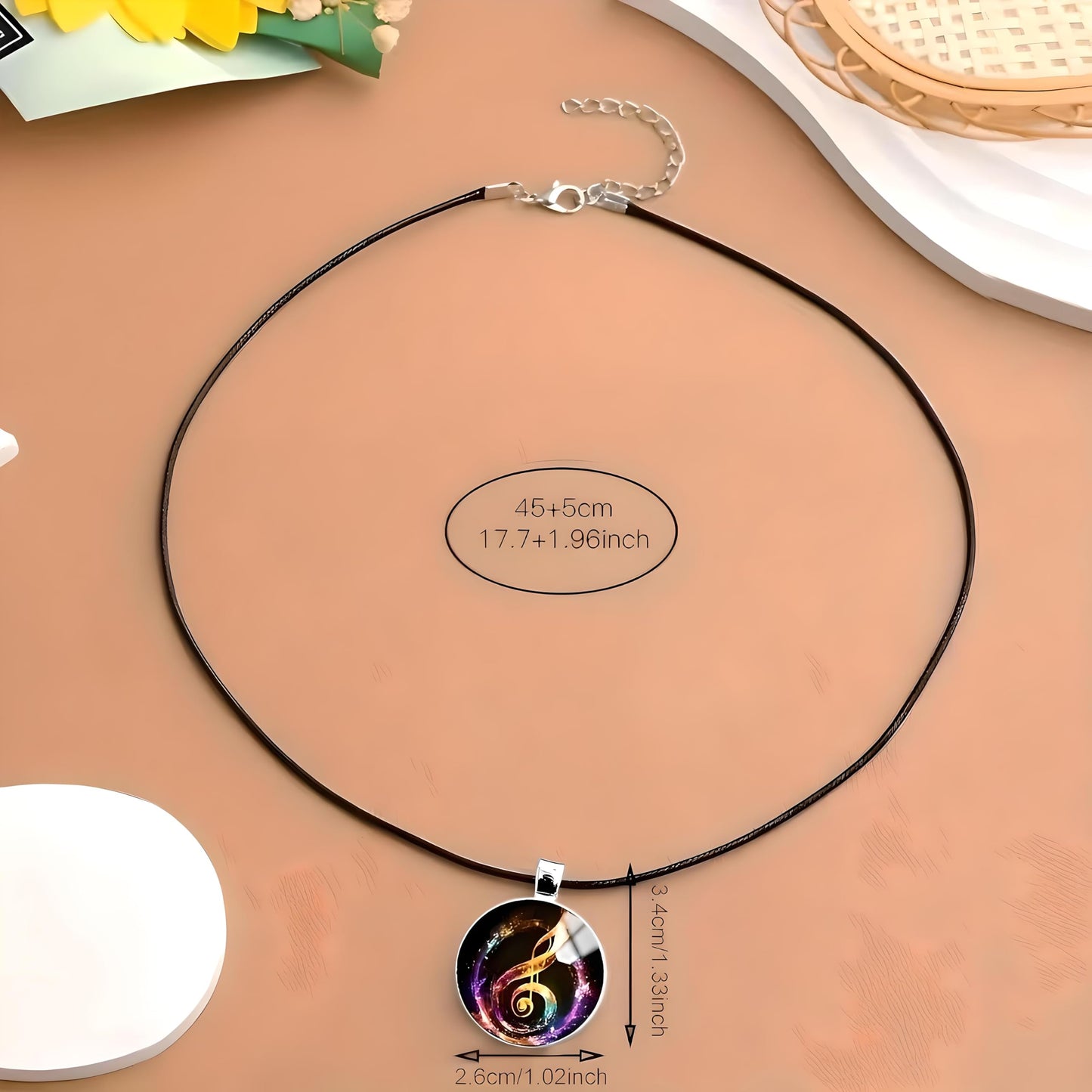 SUPAC Musical Note Pendant Necklace, Black Leather Cord, Eighth Note, Treble Clef, 17.7 Inch Chain with 2 Inch Extension