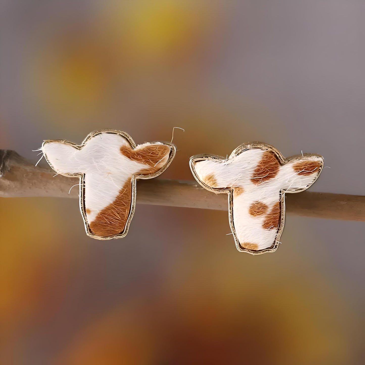 Cowhide Print Stud Earrings, 3-Set Gold-Tone Farm Animal Design, 0.78 x 0.62 inches -Brown, Orange, and Black Colors