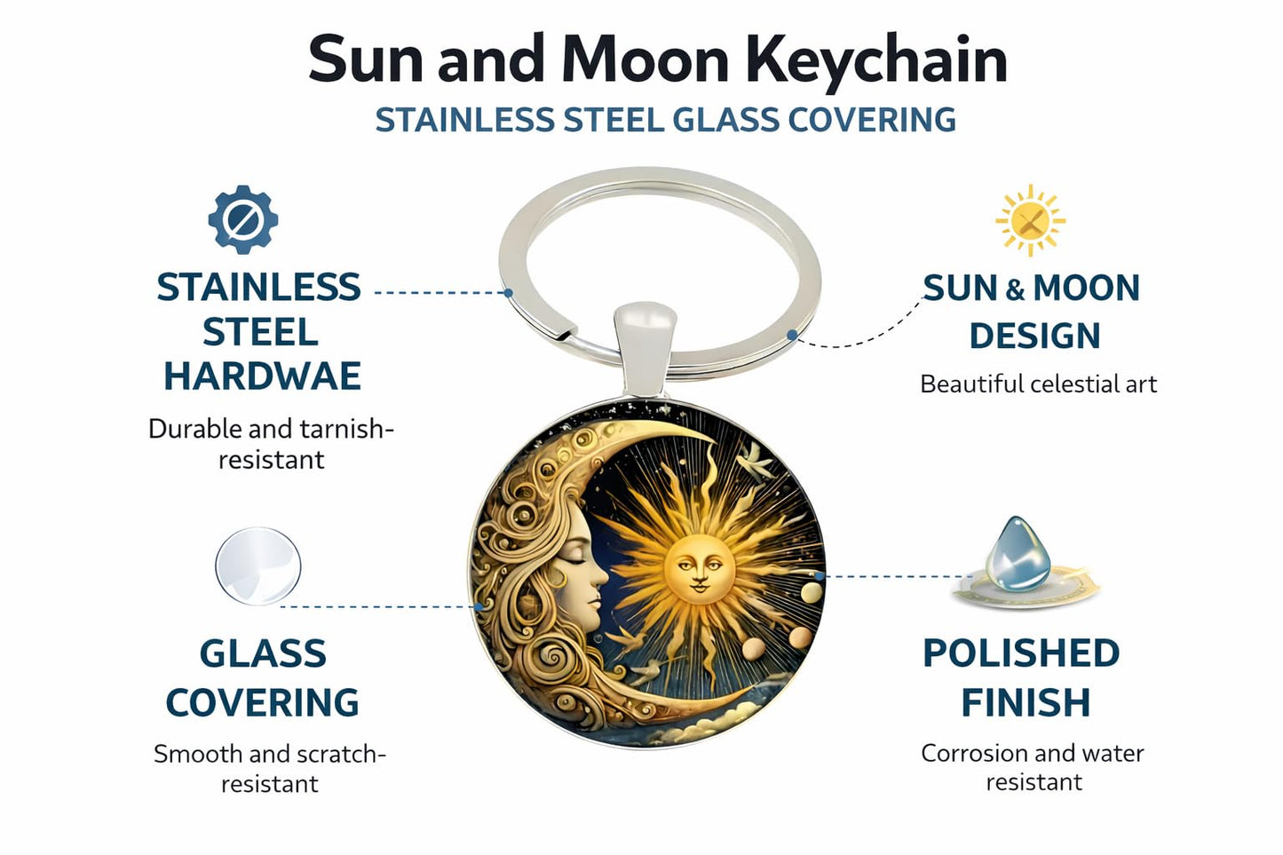 Celestial Sun and Moon Keychain, Art Nouveau Style Metal Key Ring with Mythological Design, 1.18 x 1.09 Inch Round Pendant