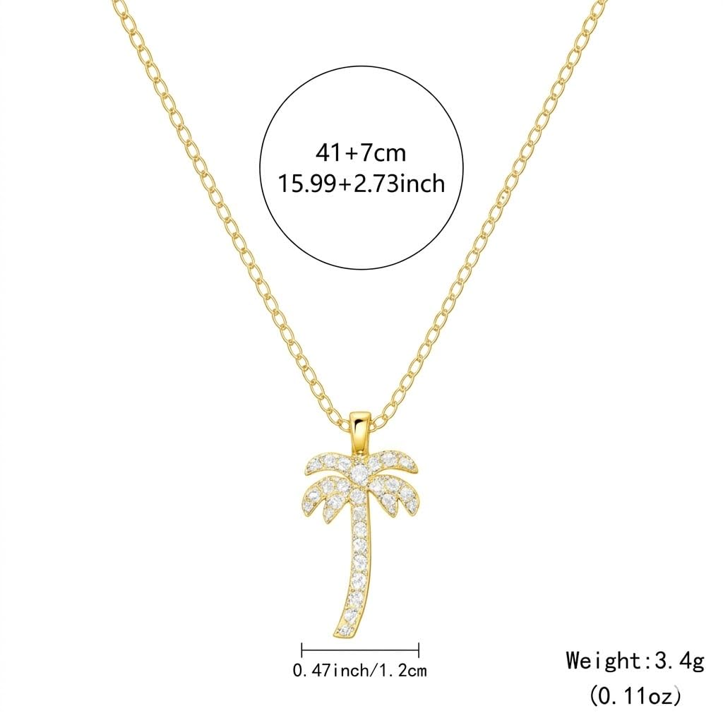 SUPAC Crystal Palm Tree Pendant Necklace, 18.7 Inch Gold Chain, Rhinestone Tropical Charm