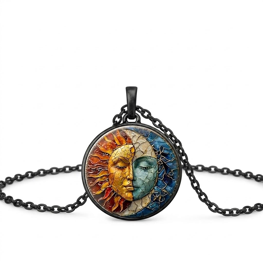 1pc Stunning Round Pendant Necklace - Unique Sun & Moon Pattern, Oil Painting Style Glass Mosaic, Alloy Construction, Trendy Sweater Chain, Fashionable Gift for Women - Christmas or Birthday Gift