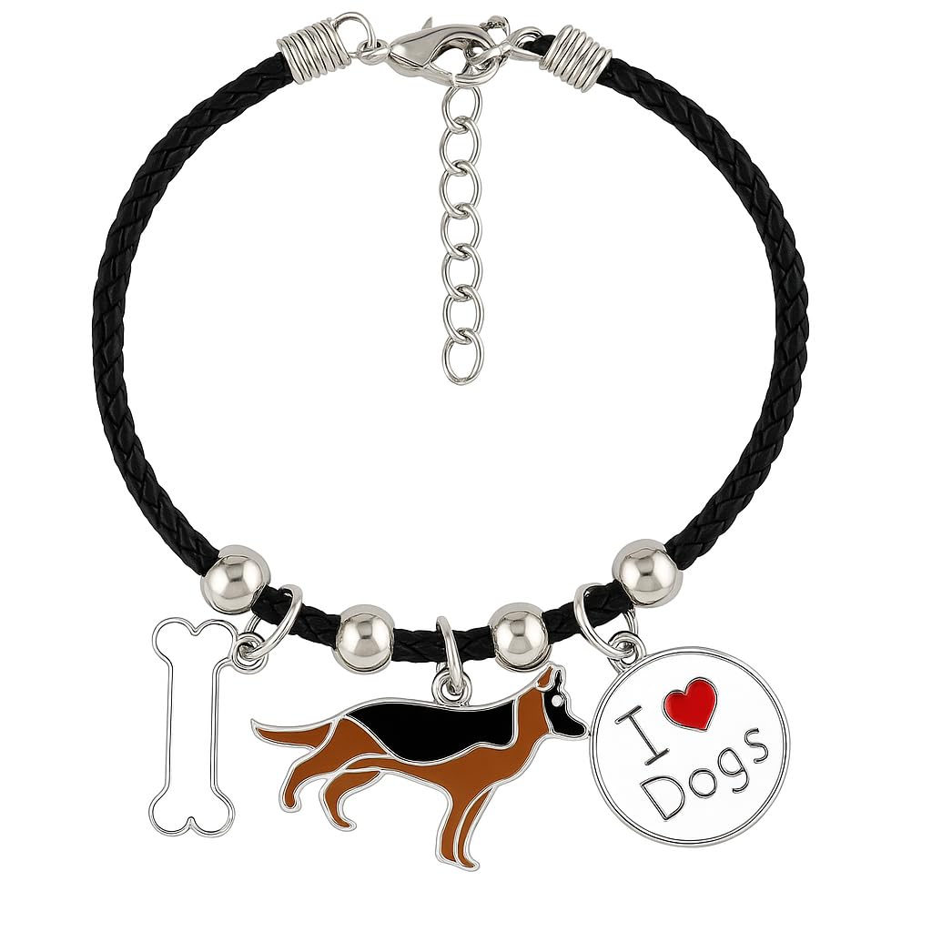 Pet Charm Bracelet with Dog Charms, Black Braided Band, I Love Dogs Design - Dog Lovers' Bracelet - Different Breeds of Dogs, Pet Lover Gift for Birthday and Holiday, Durable and Long-Lasting, Hypoallergenic and Nickel-Free, Everyday Wear (German Shepard)