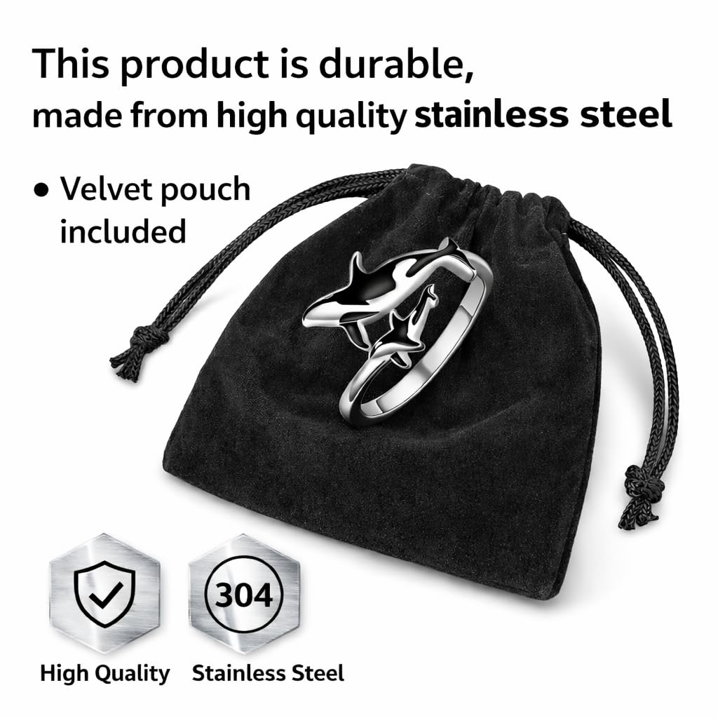 SUPAC Stainless Steel Orca Whale Ring, Adjustable Size, Black and Silver - Shamu Gift