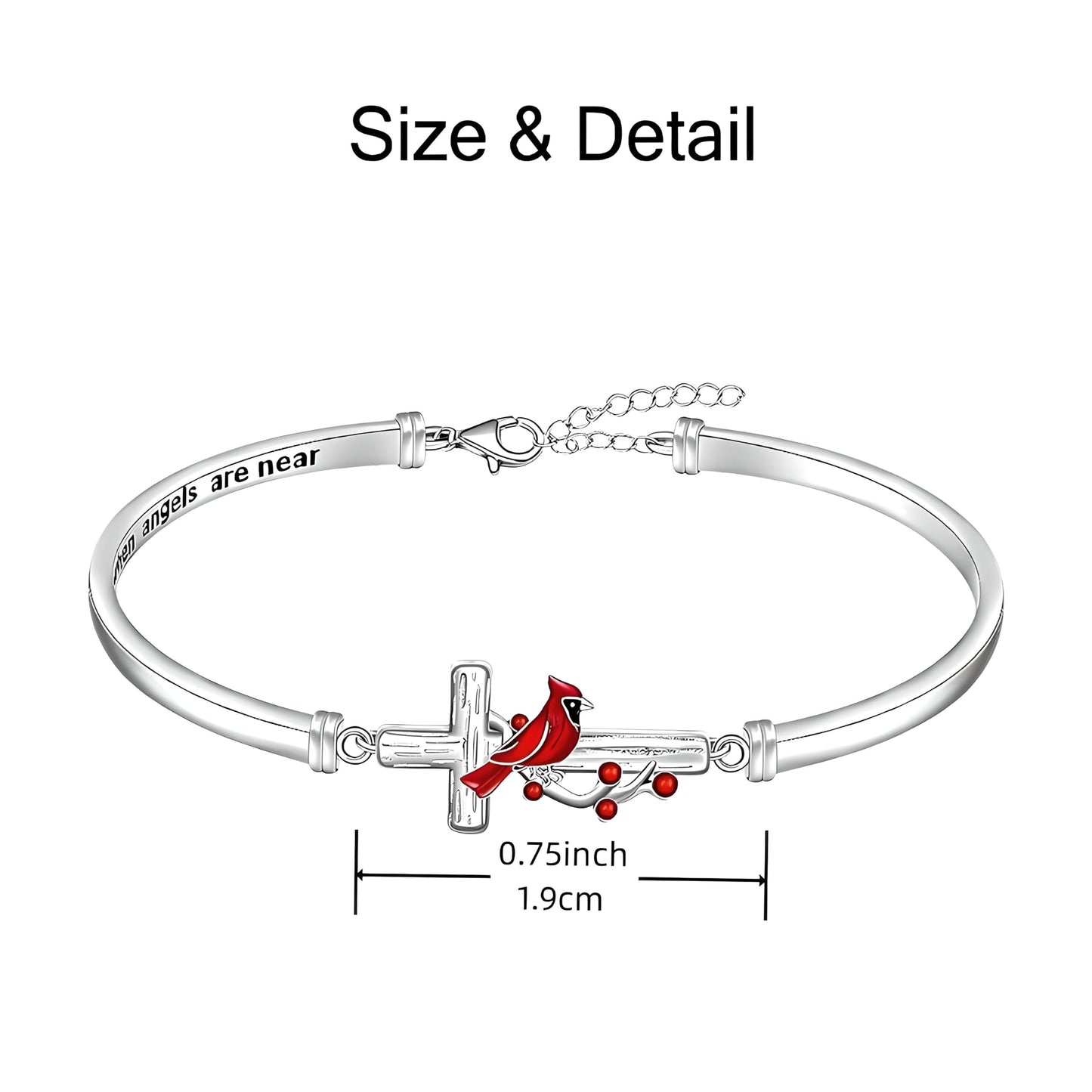 Cardinal Cross Bangle Bracelet, Silver Tone with Red Bird Design, 0.75 inch Charm