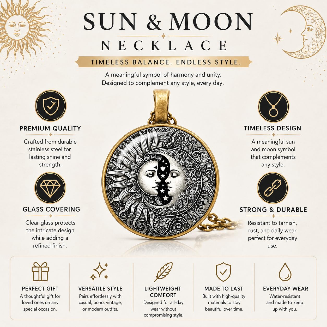 1pc Stunning Round Pendant Necklace - Unique Sun & Moon Pattern, Oil Painting Style Glass Mosaic, Alloy Construction, Trendy Sweater Chain, Fashionable Gift for Women - Christmas or Birthday Gift