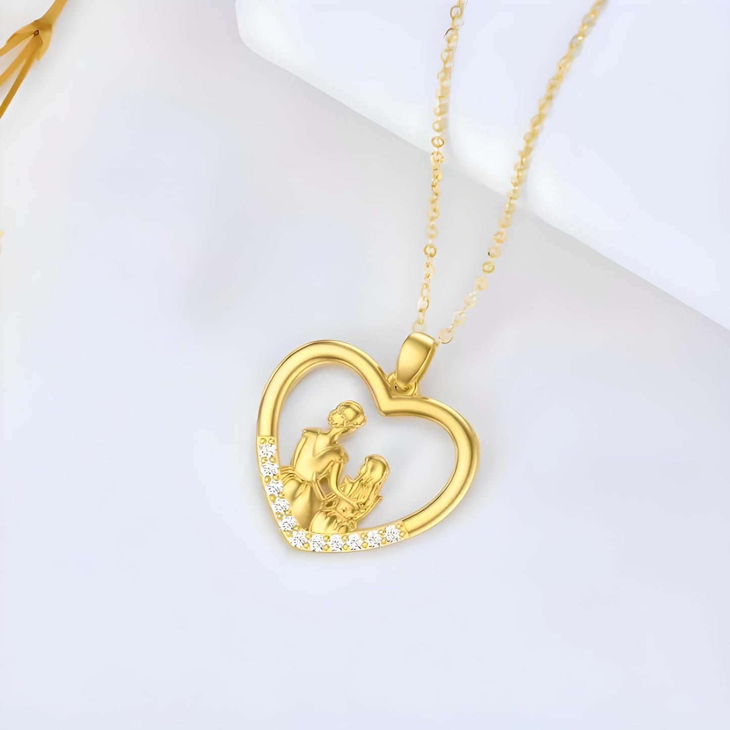 SUPAC Heart-Shaped Mother's Day Necklace, Family + Mother Necklace Options with Crystal Accents, Mother and Daughter Pendant Gift, Silver and Gold-Tone, 'I Love You Always & Forever' Message (Golden)