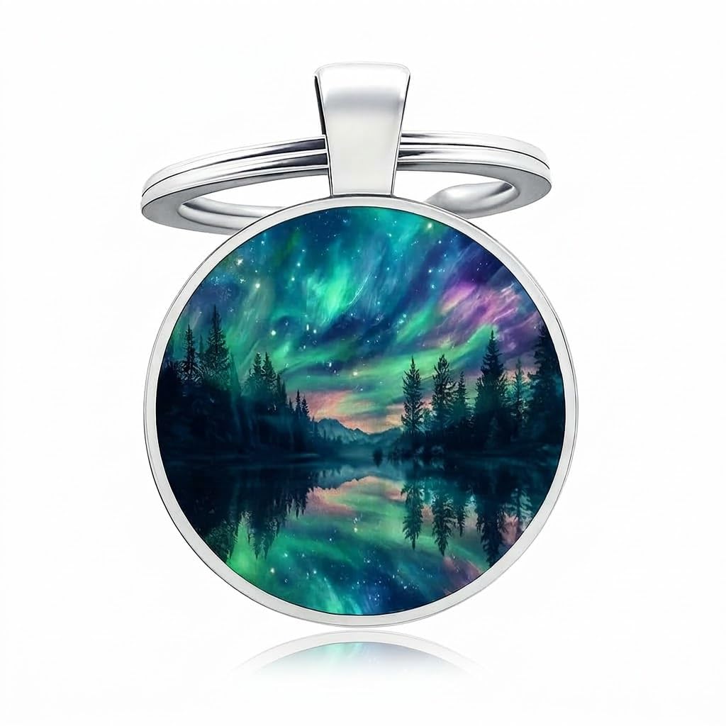 SUPAC Mountain Sunset Stained Glass Art Keychain, Nature Scene Design, Round Pendant (Aurora Borealis)
