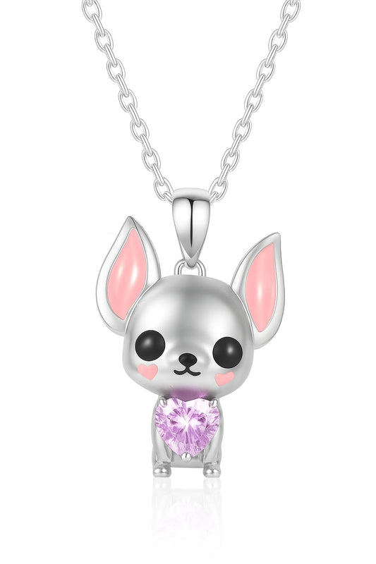 SUPAC Silver Chihuahua Pendant Necklace with Pink Crystal Heart, 17.72 inch Chain - Chihuahua Gift