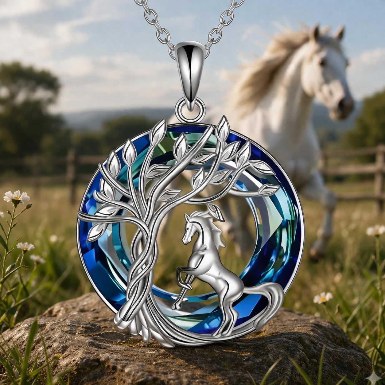SUPAC Tree of Life Swing, Sloth, Horse + Other Styles Pendant Necklace, Silver Chain, Crystal Rainbow Background - Gift for Friends (Horse)