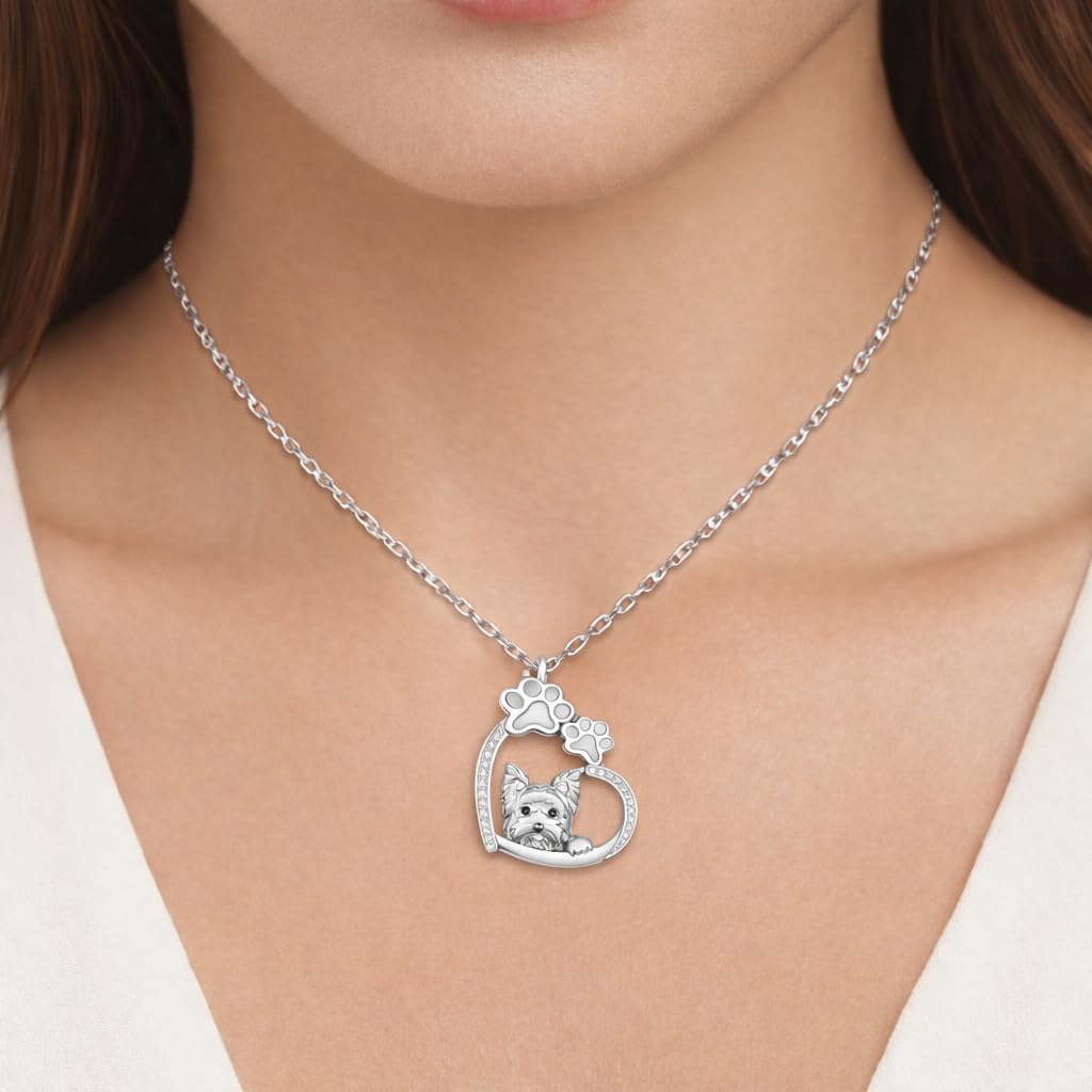 SUPAC Yorkie Dog Necklace with Heart and Paw Print Design, Silver Stainless Steel with Cubic Zirconia, 17.7 Inch Chain