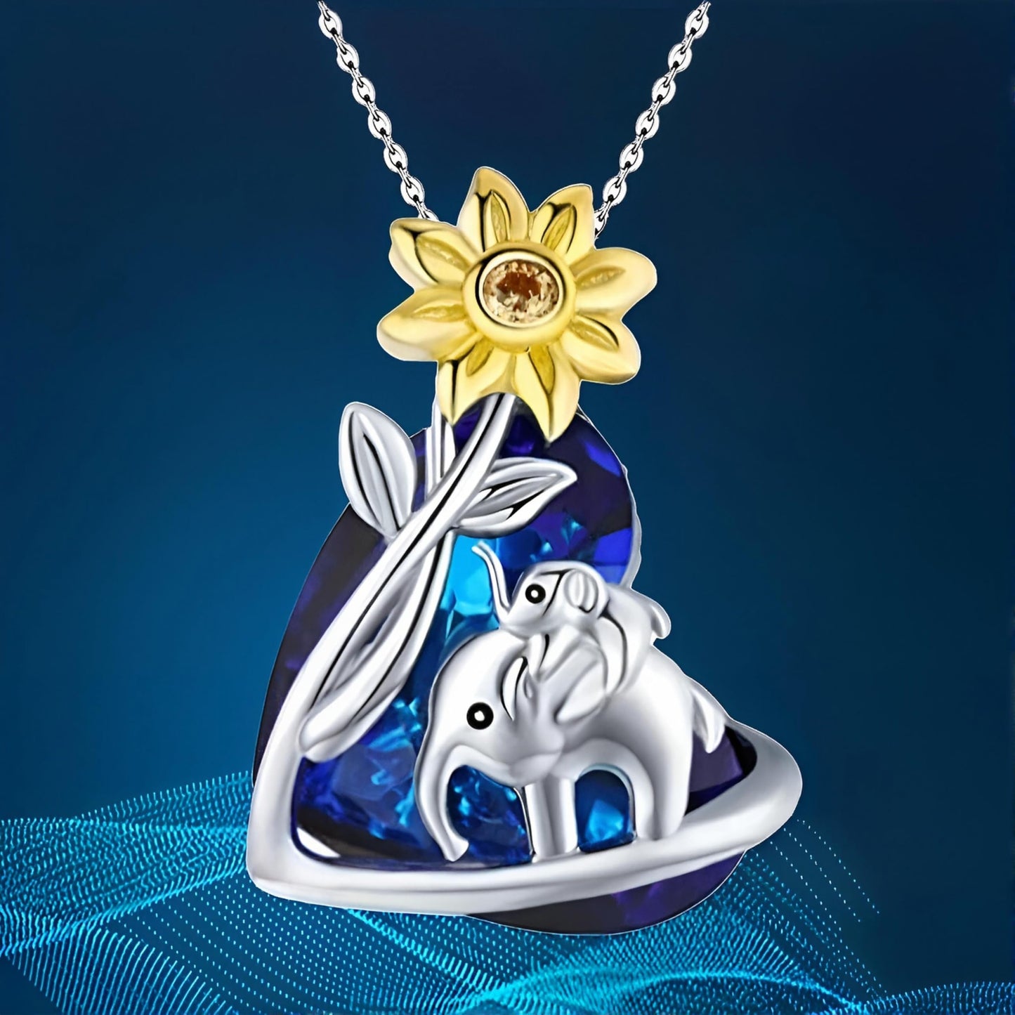 Stainless Steel Animal Pendant Necklace Set, Elephant with Sunflower, Hummingbird, Cat Design, Multi-Color Crystal (Elephant W/Sunflower)