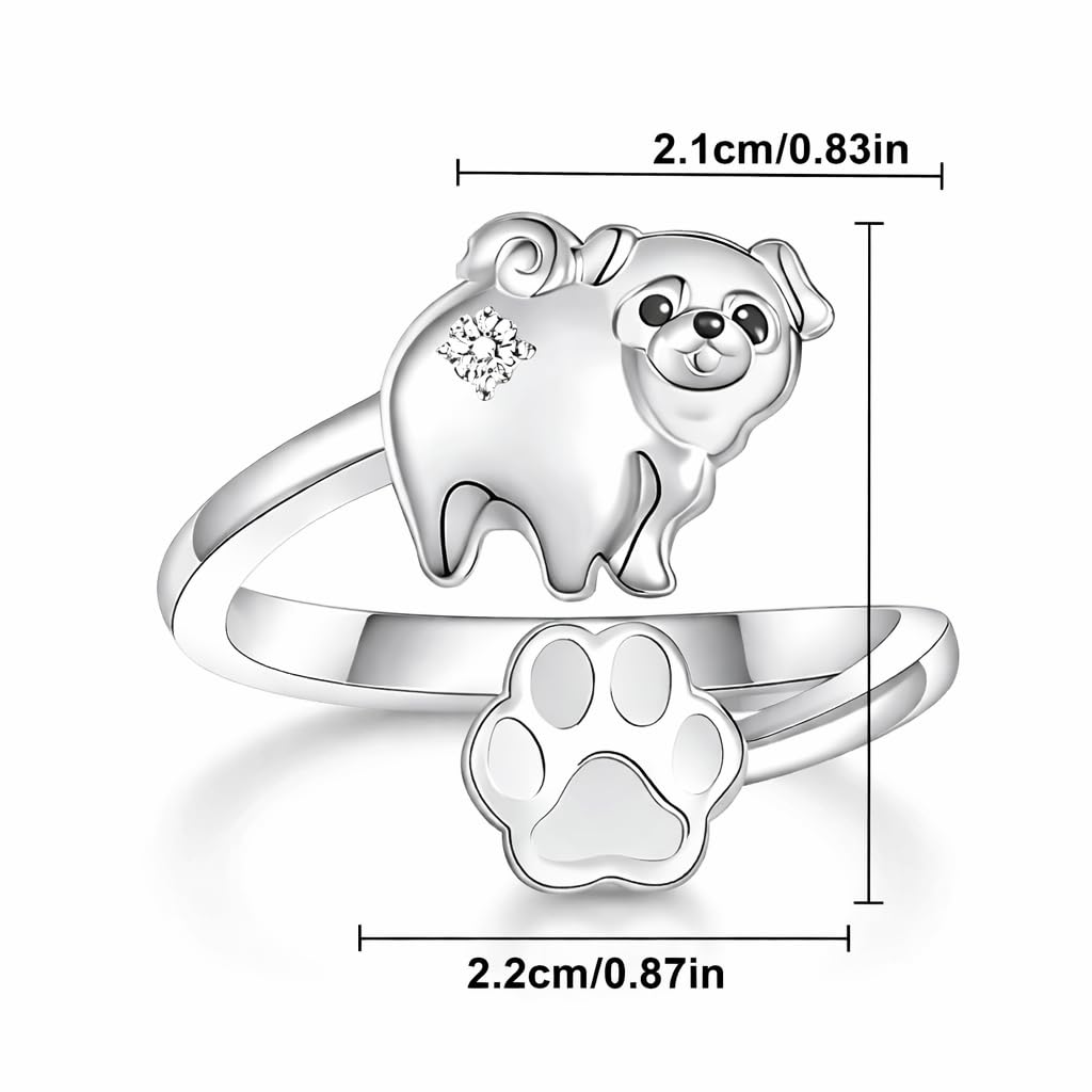 SUPAC German Shepherd, Yorkie, Pug Dog Paw Adjustable Ring, Sterling Silver, Paw Print Design with Crystal Accents - Christmas, Birthday, or Party Ring