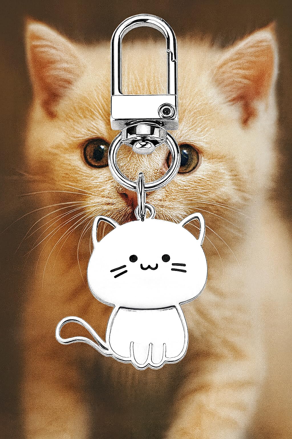 SUPAC Cute Cat Keychain with Carabiner Clip, White Metal, 2.68 x 1.18 inches