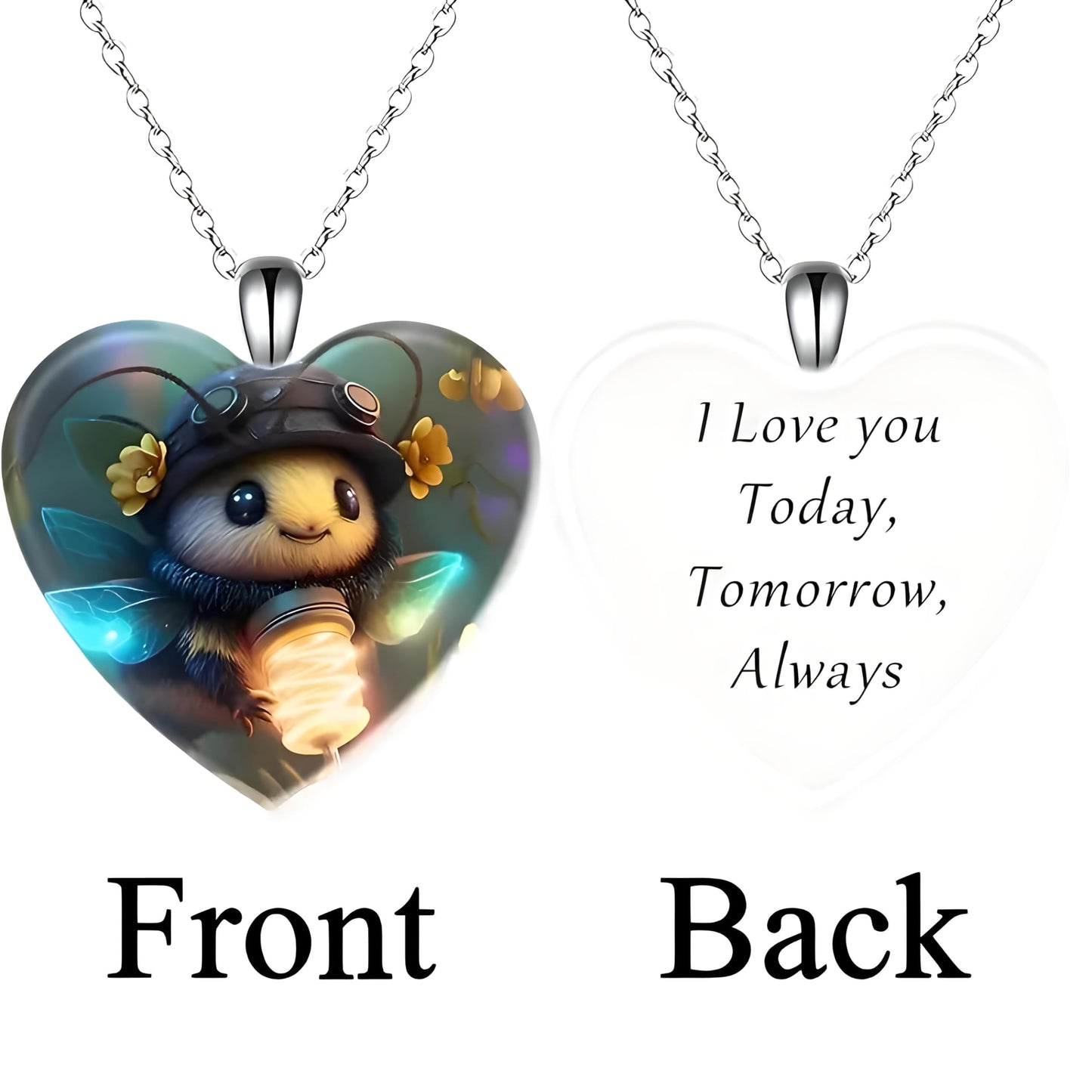Heart-Shaped Pendant Necklace with Different Animals - Panda, Horse, Deer, Cat, Elephant, Dog Scenic Views, Stainless Steel Necklace with Glass Pendant - Christmas, Holiday, or Birthday Gift (Wasp)